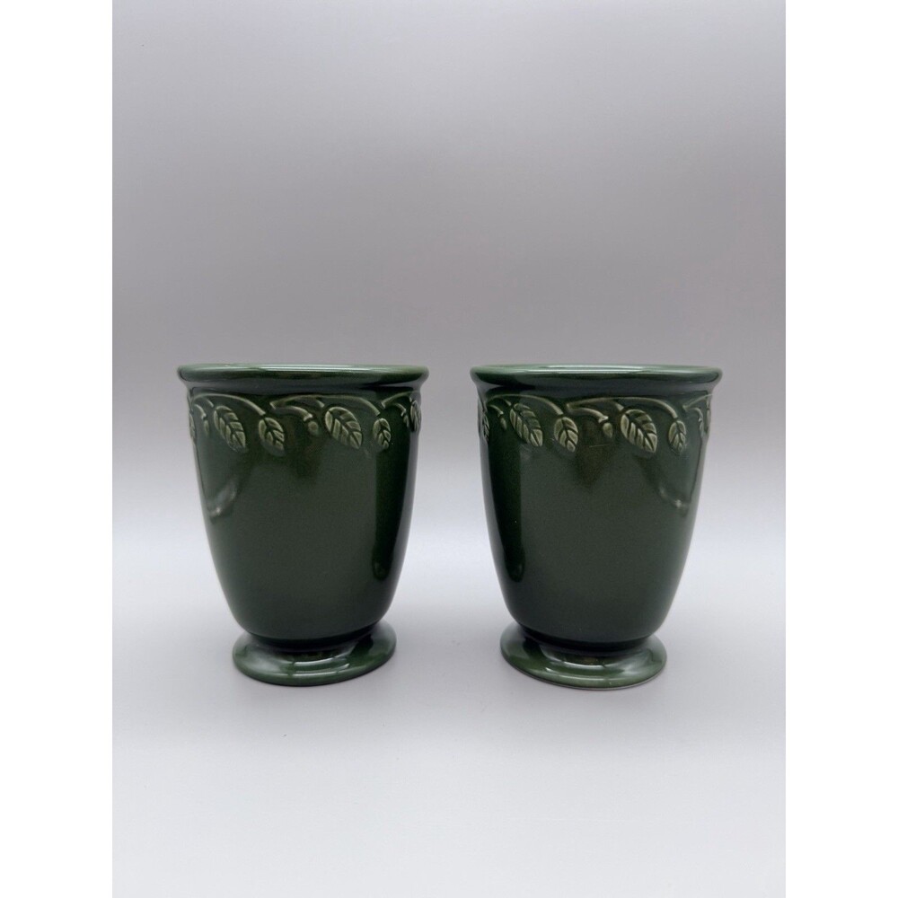Longaberger Stoneware Pottery 5" Footed Vase Planter Set of 2 Spring Leaf Green